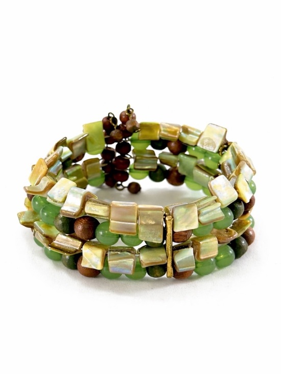 Unbranded Jewelry - Green Beaded Wrap Bracelet Shell Wood Glass Multi Strand Adjustable Boho